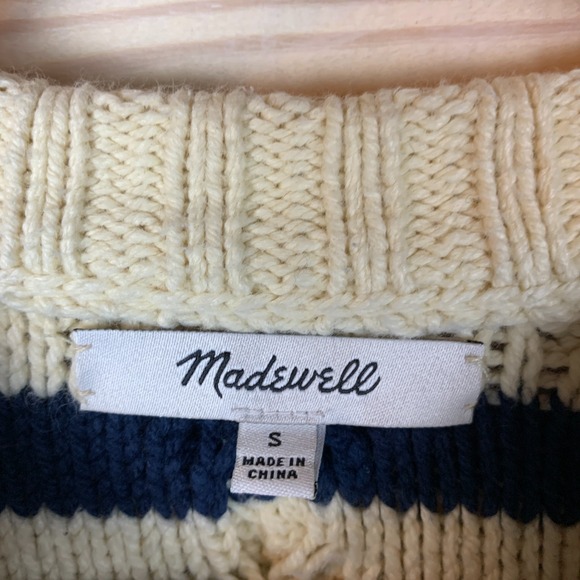 Madewell Cable-Knit Oversized Sweater Small Navy Stripe Preppy Nautical Chunky - Picture 12 of 14